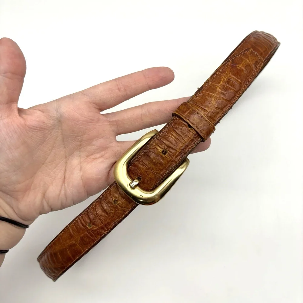 Vintage 90s OMEGA 4293 Tan Croc Embossed Genuine Leather Belt L 28-32